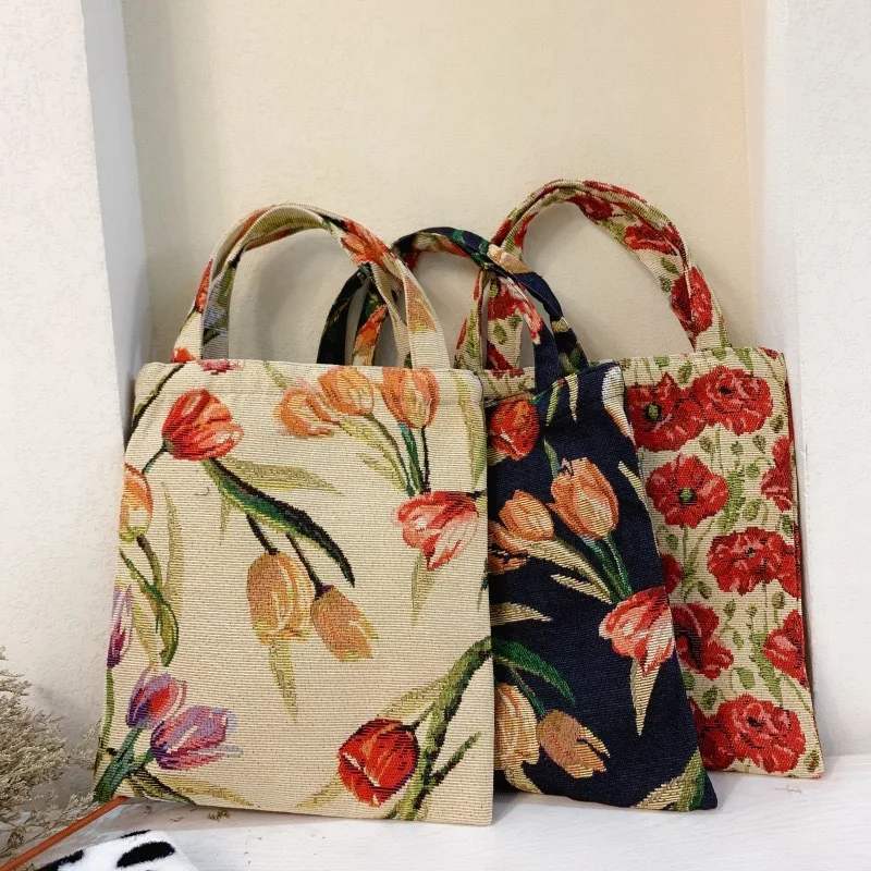 

Женская Цветочная сумочка из жаккардовой ткани, Повседневная маленькая сумка для покупок, эко мини сумка-тоут, женские повседневные дизайн...