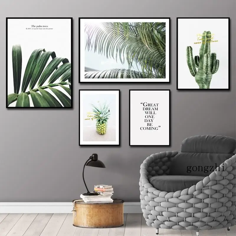 

Nordic Palm Leaf Cactus Pineapple Canvas Painting Green Leaf Plant Wall Art Posters and Prints Modern Home Decor Living Room