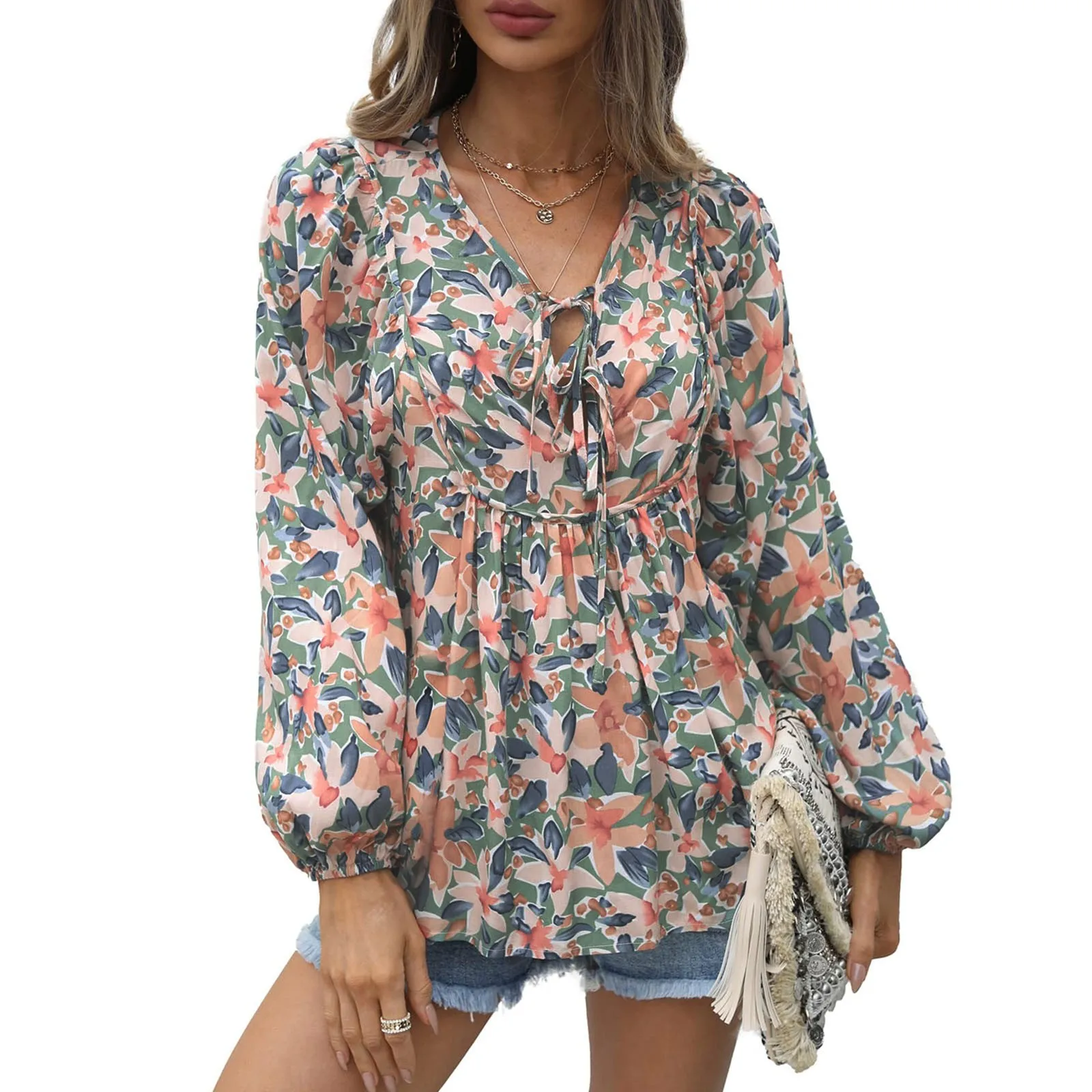 

Women Floral Ruffled Tunic Blouse Tie V Neck Sexy Shirt Casual Long Sleeve Babydoll Peplum Elegant Top Womens Solid Color Top