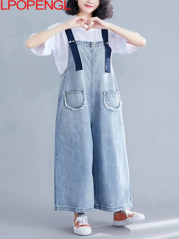 

High Waist Denim Bib Women Thin Korean Pants Look Thin Jeans Loose Wide-leg Nine-point Overalls Jumpsuit Streetwear 2022 Summer