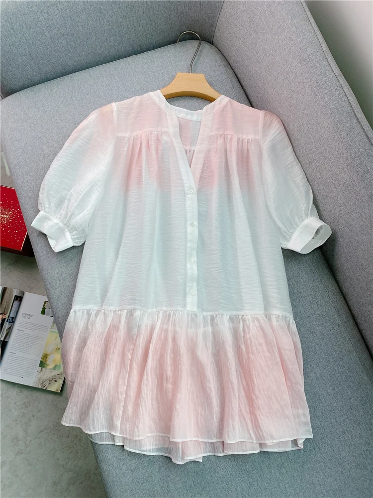 V-neck Puff Sleeve Ruffled Dress 2023 Summer New Soft and Sweet Pink and White Gradient Loose Doll Dress Free Shipping