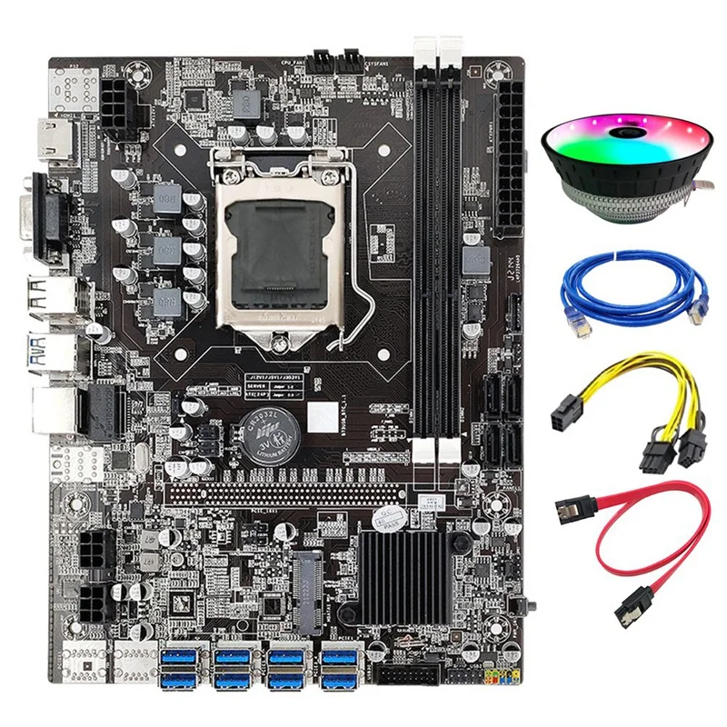 B75 Mining Motherboard 8GPU USB to PCIE 6Pin to Dual 8Pin Cable+SATA Cable+Cooling Fan+RJ45 Network Cable LGA1155 Miner