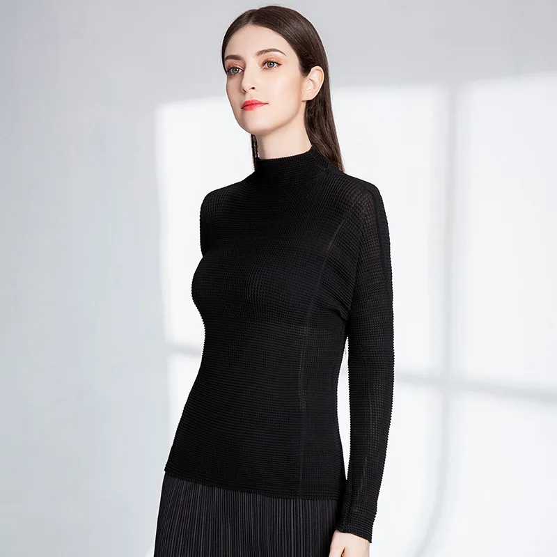 Miyake pleated tight bottoming shirt women's long-sleeved high-neck spring and autumn high elastic slim t-shirt top women