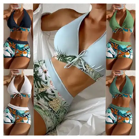 2023 Women Swimwear Set New High Waist Bikinis Set Sexy Swimwear Split Flat Angle Lace-up Print Solid Panel Summer Woman Bikinis