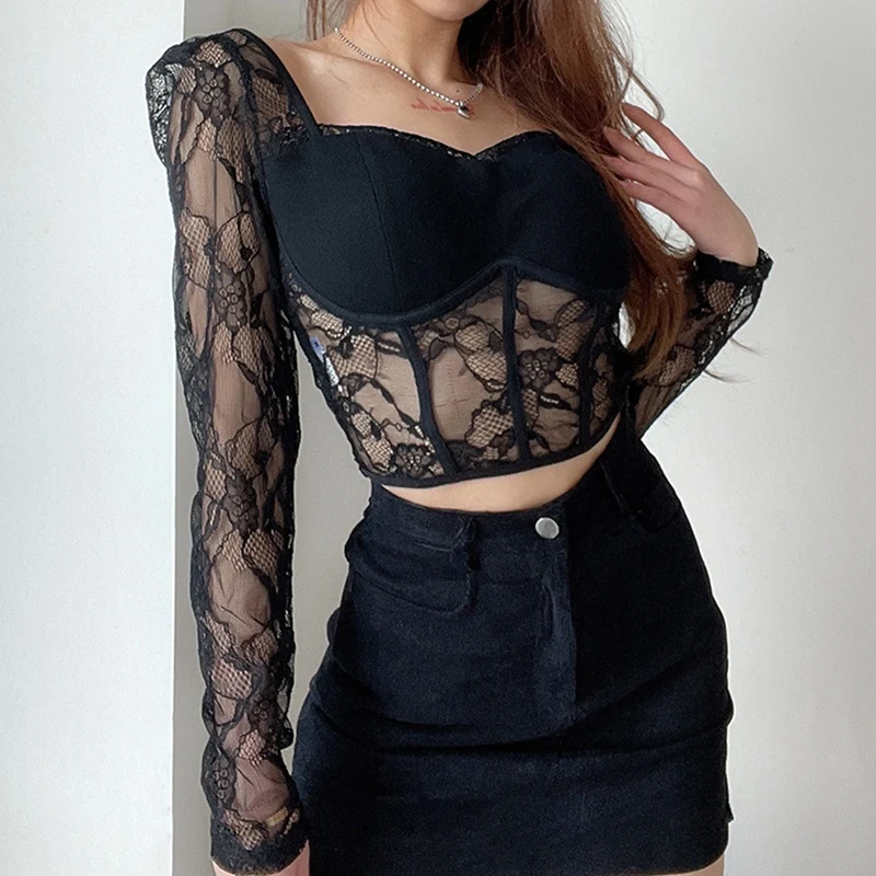 

Square Neck Lace Top Long Sleeve Women Shirt Corset See Through Cropped Sexy Shirts Ladies Tops