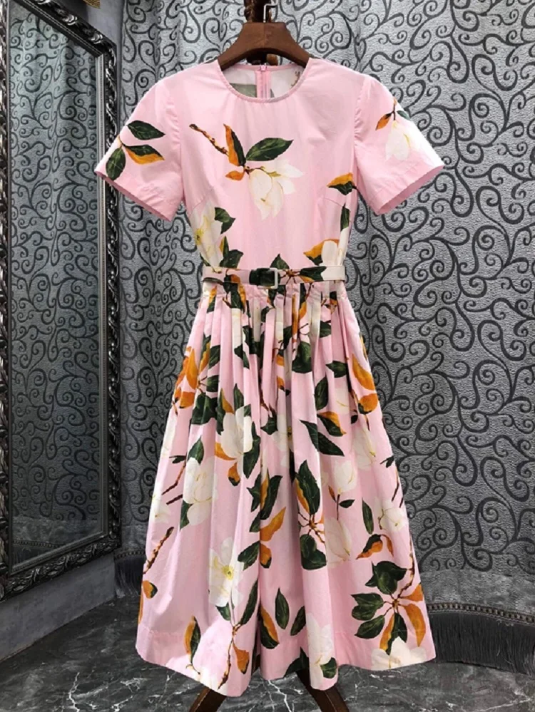 

Tops Fashion New Cotton Dress 2022 Summer Fashion Style Women Leaves Print Belted Short Sleeve Mid-Calf Casual Sweet Pink Dress