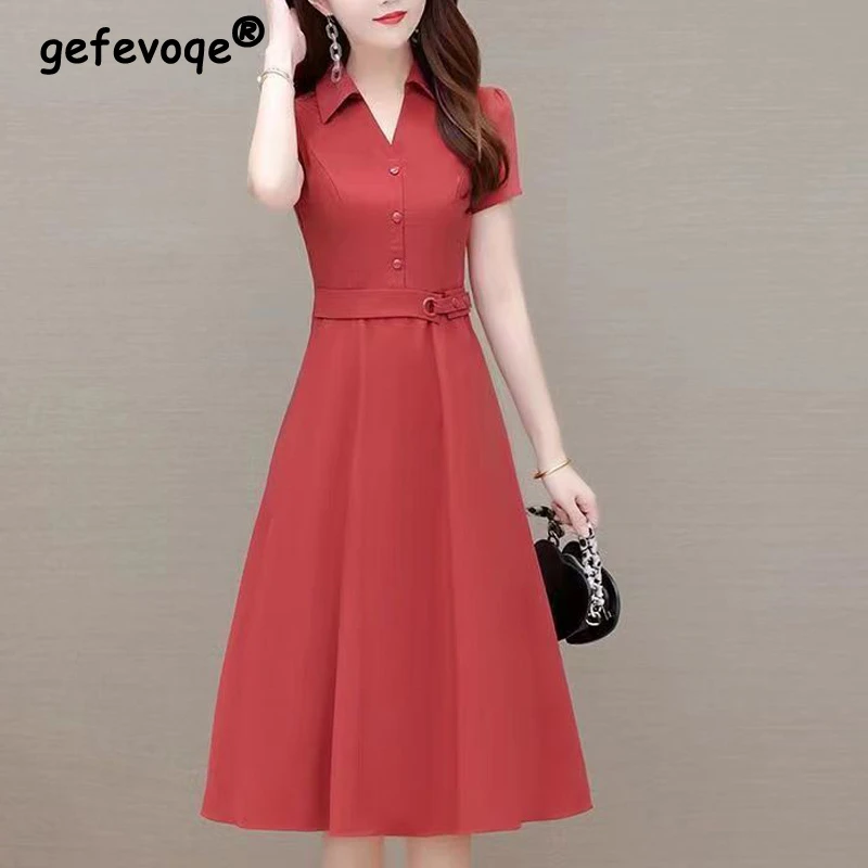 

Summer Elegant Fashion Belt Chic V Neck Shirt Midi Dress Women Solid Short Sleeve High Waist Slim Office Ladies Dresses Vestidos
