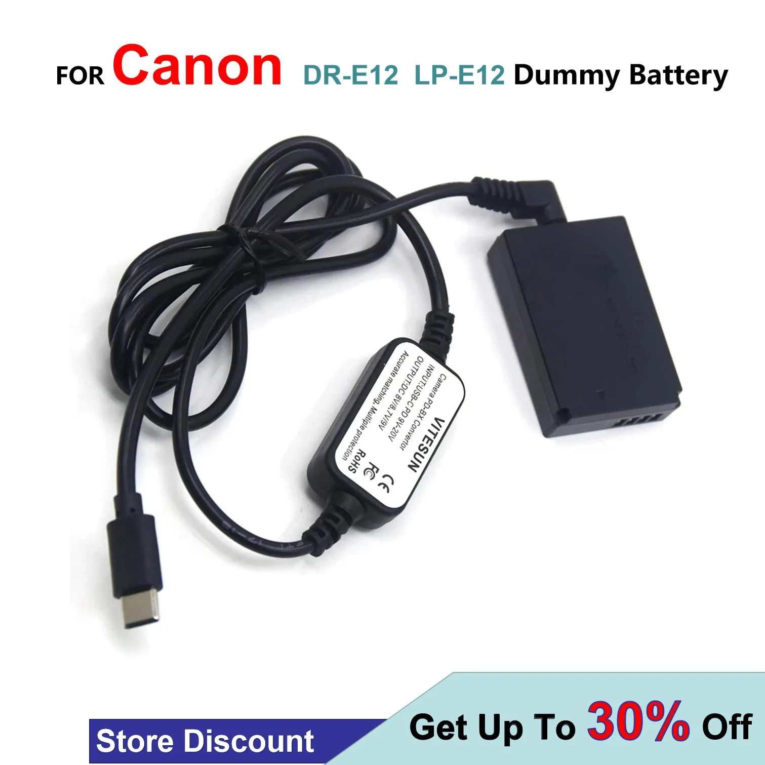 

DR-E12 DC Coupler LP-E12 Dummy Battery + USB Type C USB-PD Converter To DC Cable For Canon EOS M M2 M10 M50 M100 M200 Cameras