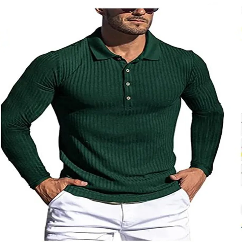 

Men Long Sleeve Polo Shirt 2023 Button Design Turn down collar pure Color Polos Male Clothing Streetwear Casual Fashion Men Tops