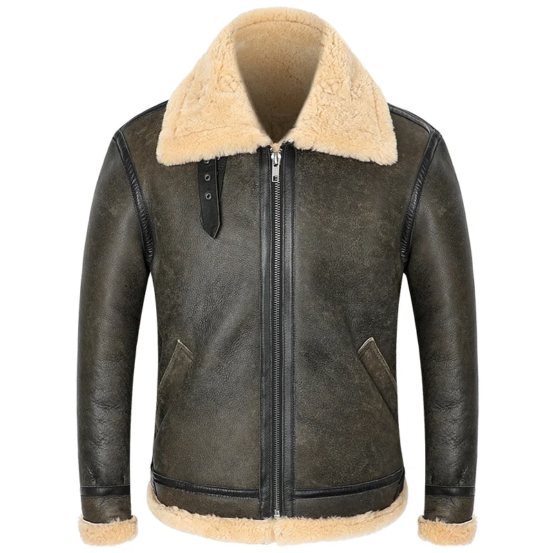 

Leather Winter Man Genuine Warm Bomber Jacket Thick Brown Cracking Leather Shearling Coat Men 100% Natural Sheepskin Fur Coat B3