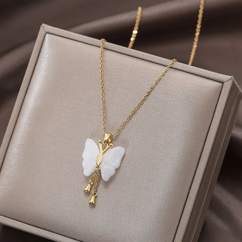 

Gold Simple Anti-Jade Butterfly Pendant Necklace Female Personality Tassel Clavicle Chain Stainless Steel Women's Necklace