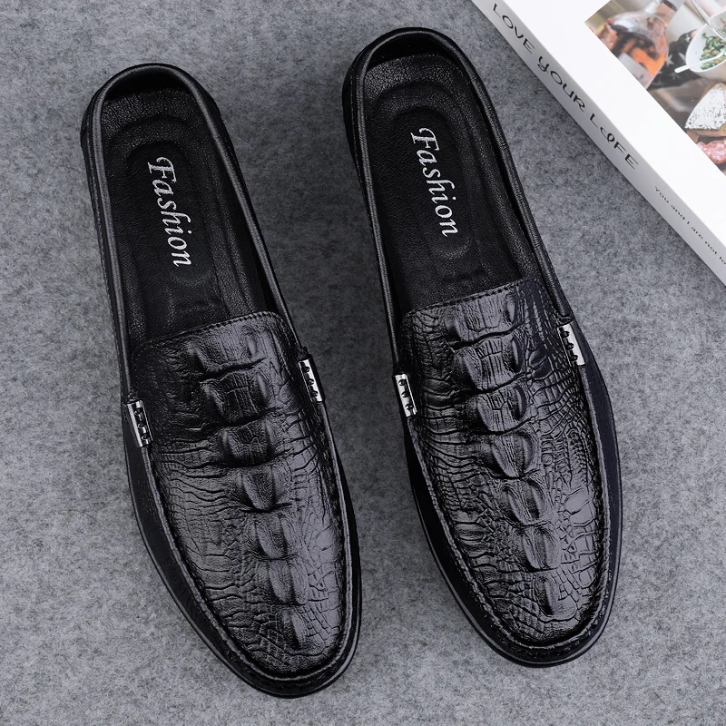 

Мужские мокасины с крокодиловым узором, повседневные туфли на плоской подошве, из натуральной кожи, без застежки, четырехсезонные