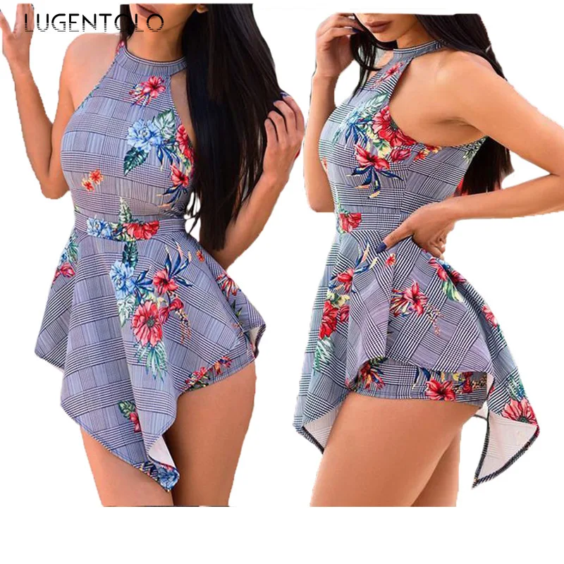 

Women Sexy Playsuits Beach Summer Skinny Round Neck Sleeveless Print Rompers Female Casaul Thin Fashion Playsuit