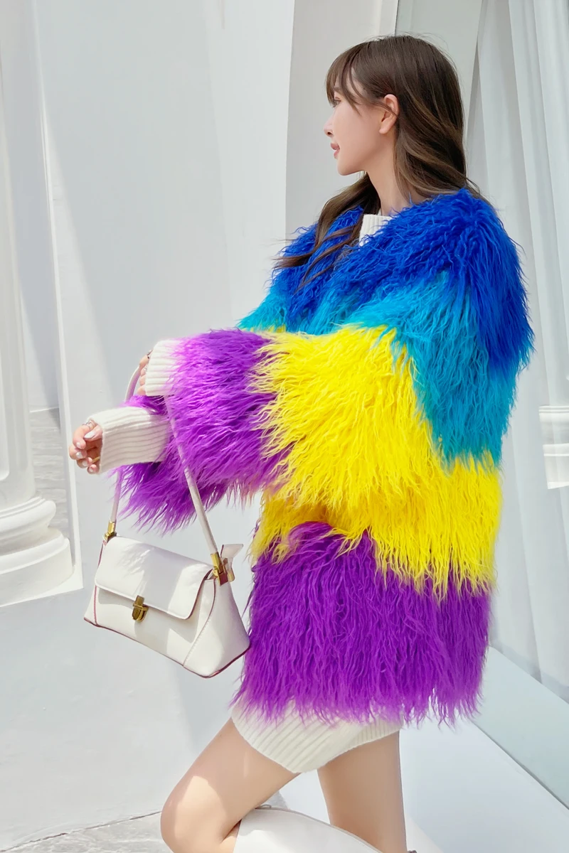 Woman's Contrast Color Imitation Fur Jackets 2023 Winter New Four-color Stitching Artificial Lamb Wool Mid-Length Faux Fur Coat