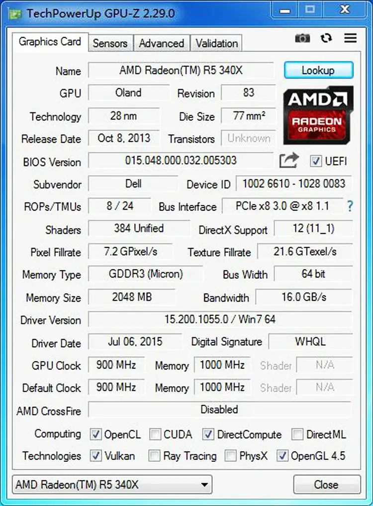 Видеокарта с полным/полу-кронштейном для AMD R5 340X 2G DDR3 DVI + DP port 4K независимая
