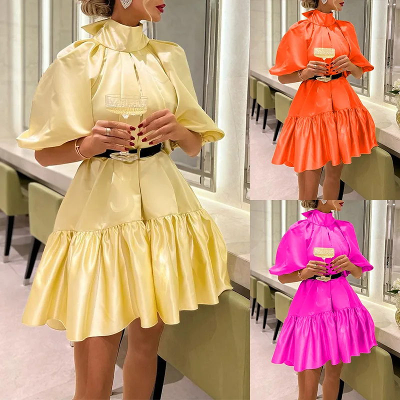 

2023 Summer New Breathable High Elastic Standing Collar Solid Color Half-sleeve Pendulum Pleat Party Dress for Women