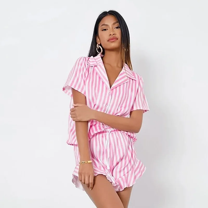 

QWEEK Stripe Women's Pajamas Kawaii Sleepwear Ruffles Set Woman 2 Pieces Pijama Short Sleeve Pyjamas Cute Loungwear Home Suit