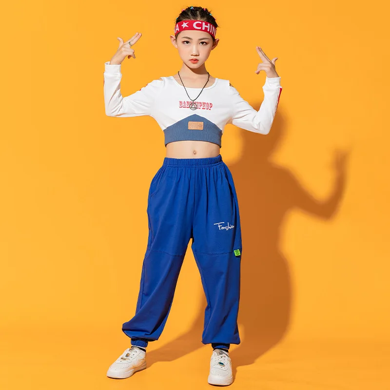 

Укороченная Толстовка и Джоггеры в стиле пэчворк для девочек, комплекты одежды в стиле хип-хоп, детская майка, штаны, уличная танцевальная о...