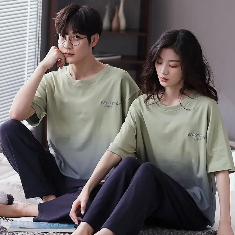 Yasuk Spring Summer Women Men Casual Soft Sleepwear Homewear Couple Pajamas Set Pants Cotton Simple Solid Color Tie-Dye Unisex