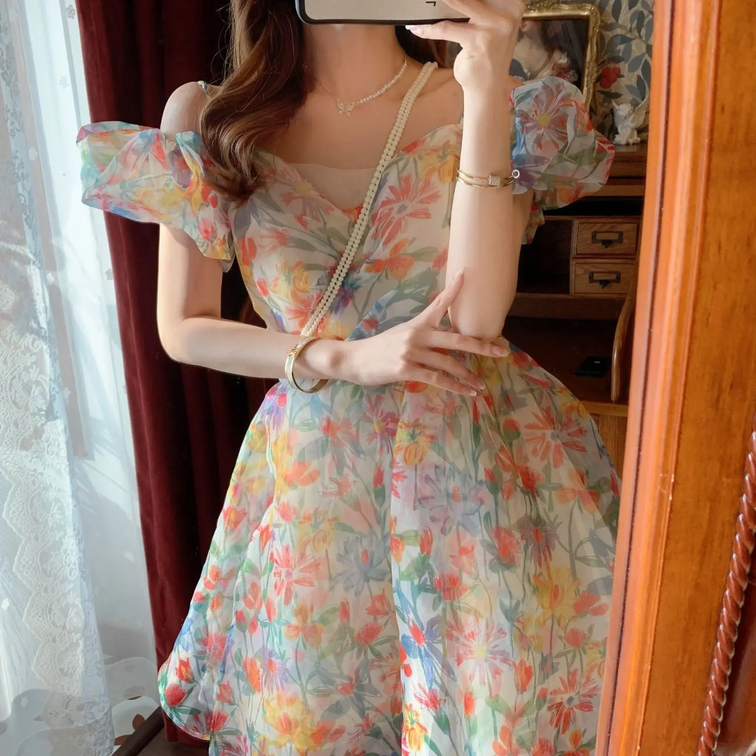 

Женское платье с цветочным принтом, новое корейское летнее платье с воротником-лодочкой и коротким рукавом, элегантное милое платье, праздн...