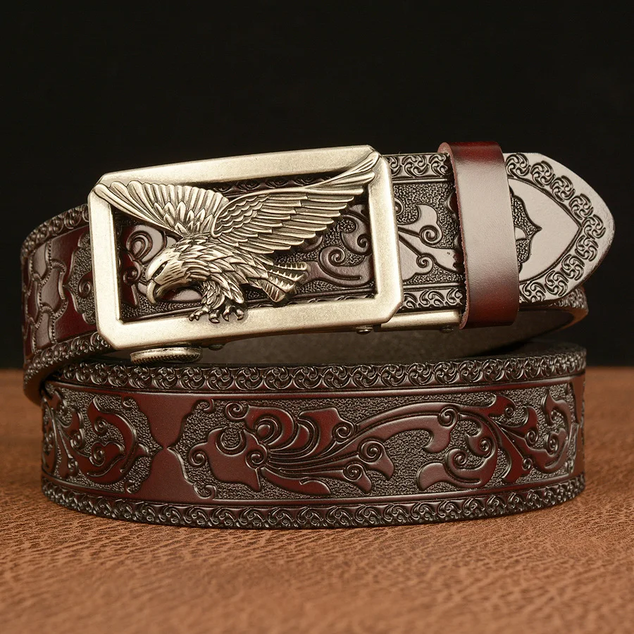 For Men High Quality Genuine Leather Belt Tang Grass Style Strap Male Business Waistband Eagle Pattern Automatic Buckle Belt