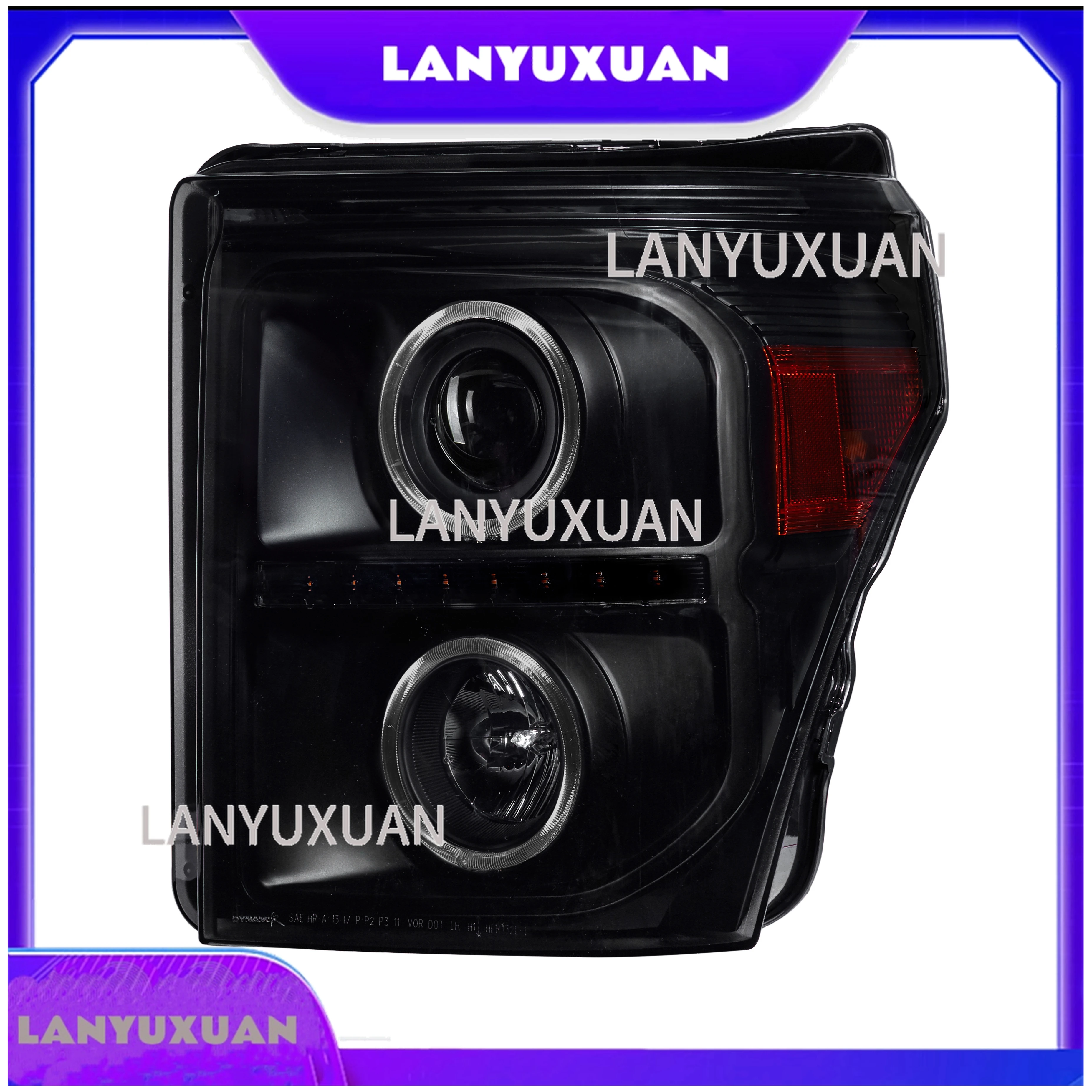 Фото Популярные фары-проекторы Dual Halo с LED-поворотниками для Ford F250 F350 F450 F550 2011-2016 годов (черные/дымчатые) №1