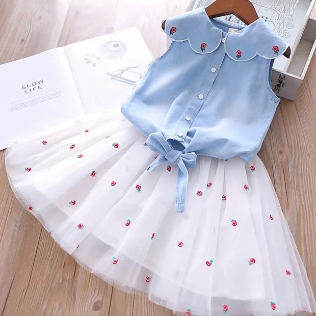 

2023 Summer Girls' Clothing Sets Denim Flower Embroidered Lapel Top+Net Yarn Skirt 2PCS Suit Princess Baby Kids Children Clothes