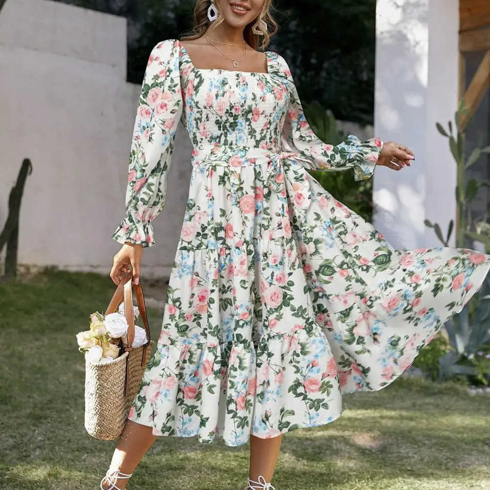 

Ruffle Large Hem Anti-pilling Versatile Colorful Floral Print Waist Lace-Up A-Line Dress Fashion Dress Leisure Clothes