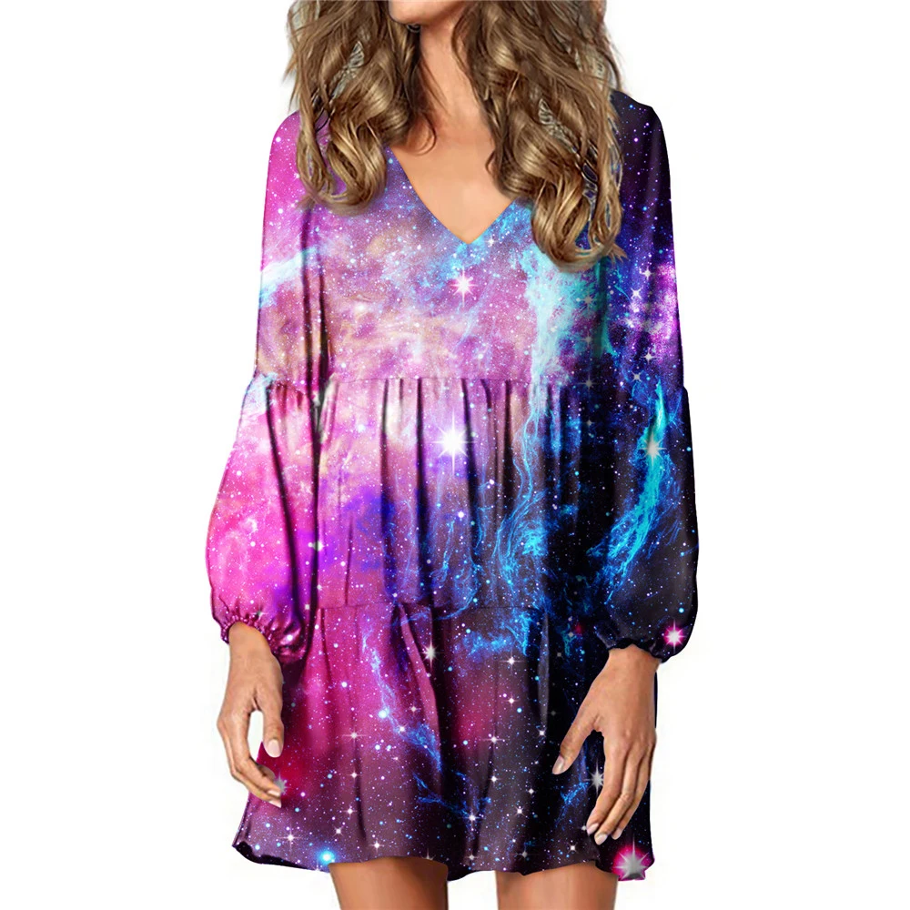 

Noisydesigns New Fashion Women Spring Autumn Dress Galaxy Starry Sky 3D Printing Loose Casual V-Neck Long Sleeves Ropa For Party