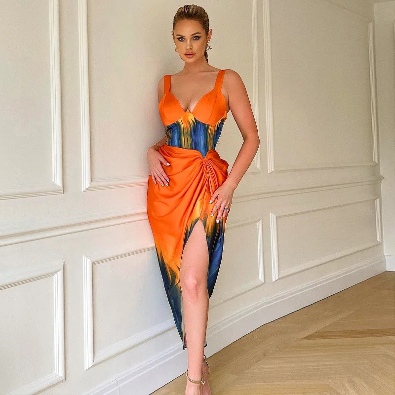 

Summer Dress for Women New Tie-Dyed Printed Sheath Split Sling Slim-Fit Elegant Dress for Women