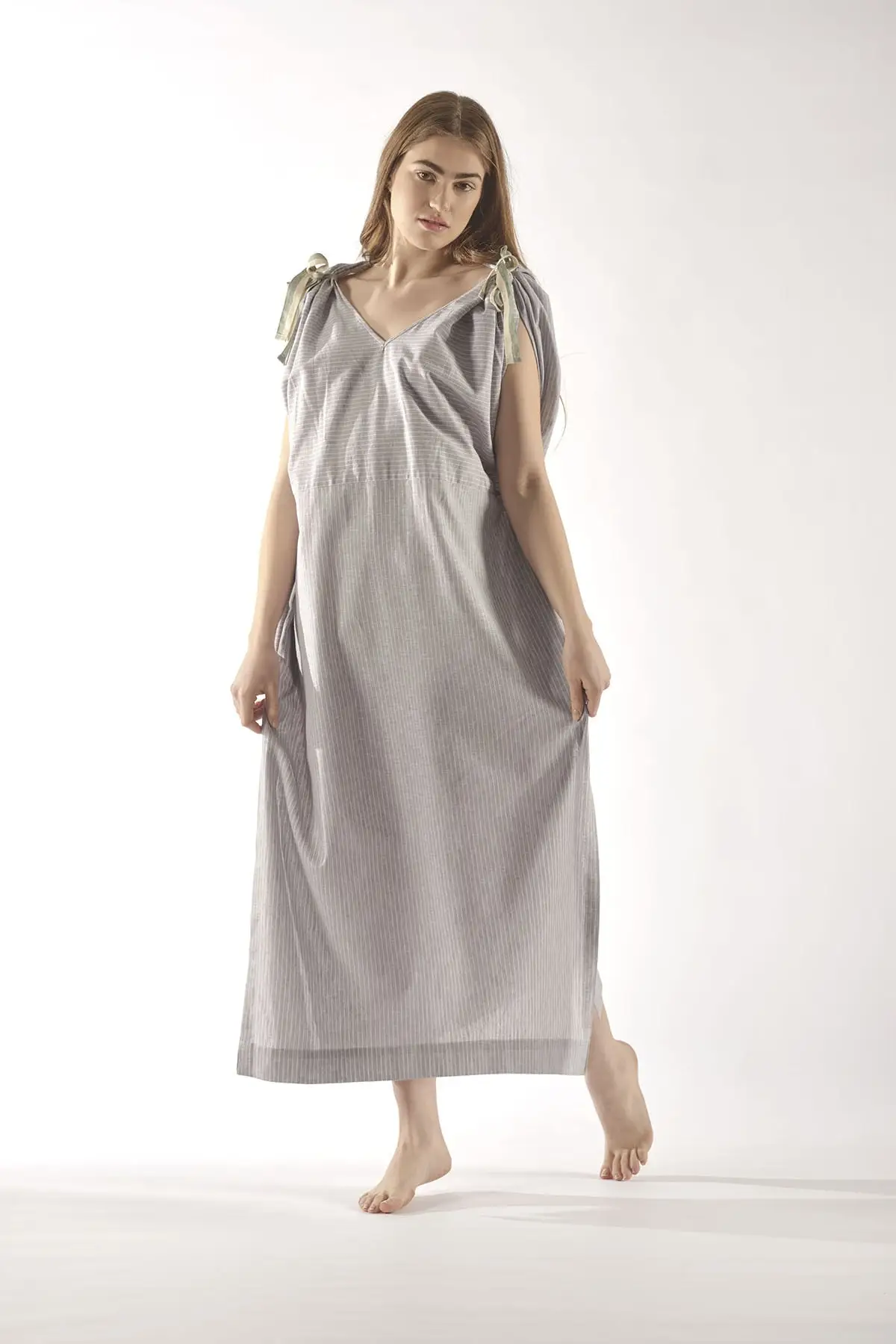 

Women's Gray V-Neck adjustable shoulder detail, sides slits long Shadow Dress New Season NUba Company