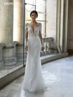 Wedding Dress Mermaid Deep V-neck Neckline Full Sleeves With Lace Beading Custom Made Plus Size Bride Gown Vestidos De Novia