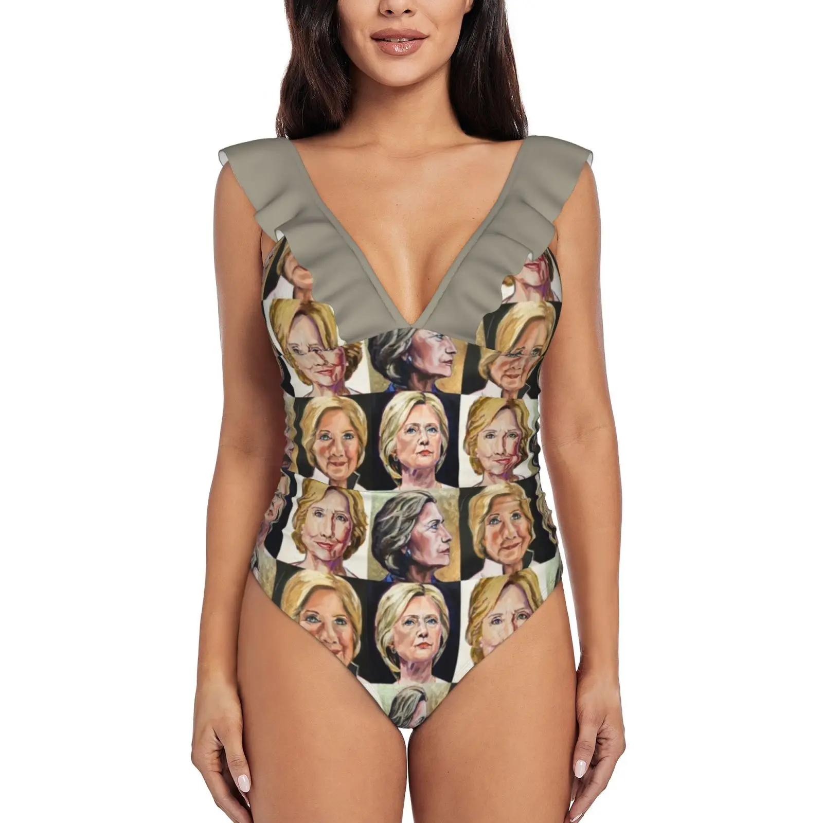 Always With Her Ruffle Swimwear Women One Piece Swimsuit Monokini Push Up Bathing Suit Beachwear Hillary Clinton