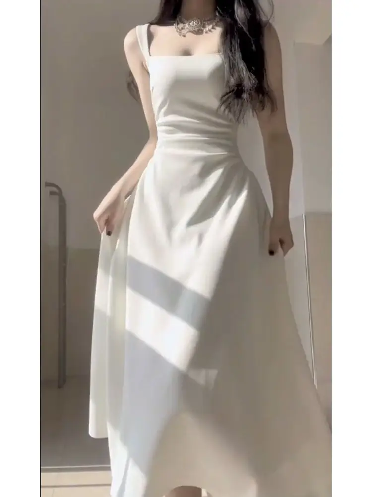 

HOUZHOU White Dresses for Women Classy Sexy Fashion Square Collar A-line Evening Party Sling Midi Dress Elegant Vestidos Robo