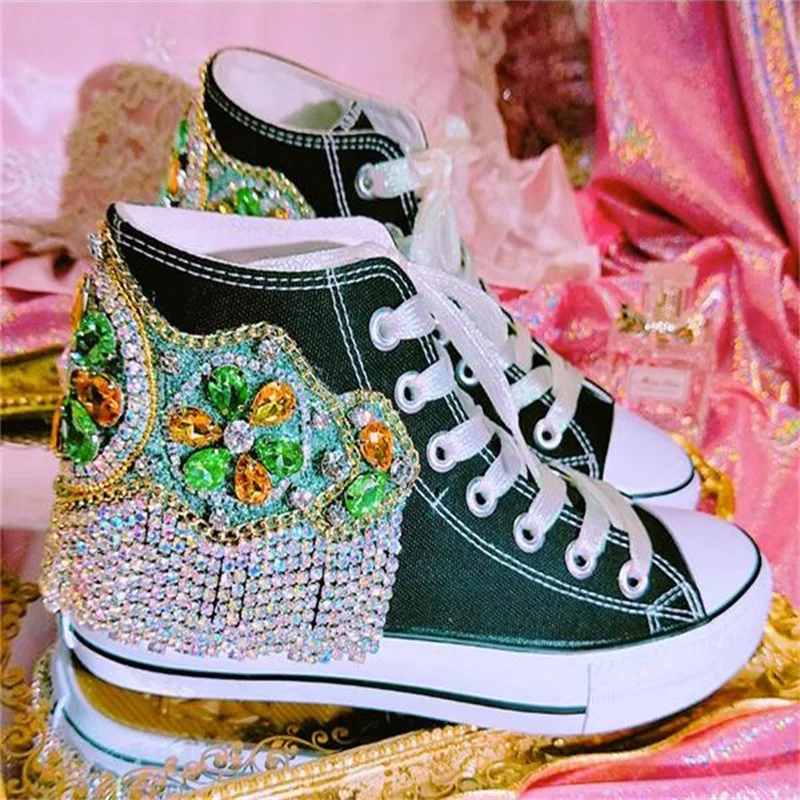 

Весенне-летняя Новинка Тяжелая промышленная ручная Бриллиантовая инкрустированная драгоценными камнями бахрома толстая подошва Высокий Топ холст шнуровка Повседневный Женский одиночный