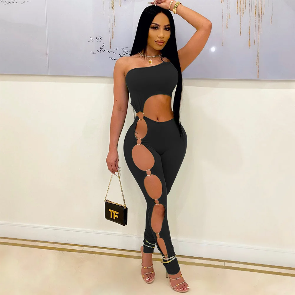

Echoine New Hot One Strap Jumpsuit Bodycon Sexy Hole Hollow Out Rompers Women Street Summer Party Night Clubwear Outfits 2022