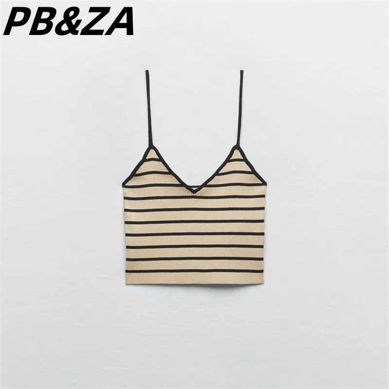 

PB&ZA 2023 Women's Clothing New Retro Casual All-match Brown Striped Short Slim Knit Camisole Top Women's Summer 3390021