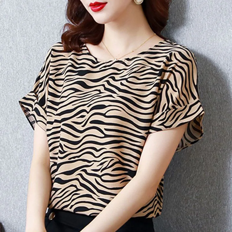Fashion Printed Loose Casual Leopard Chiffon Blouse Women's Clothing 2023 Spring New Korean Pullovers Short Sleeve Commute Shirt