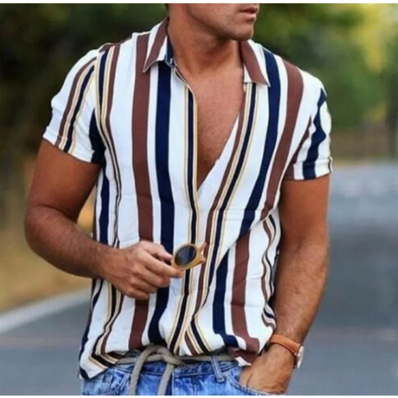 

2023 Summer Hawaiian Shirt Mens Vertical Stripe Print Short Sleeve Lapel Regular Hem Regular Fit Blouse