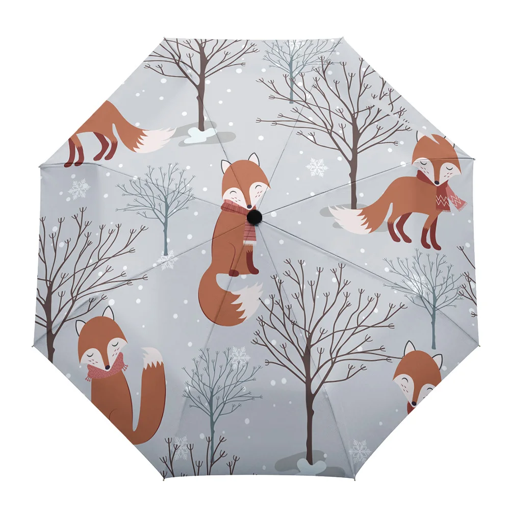 

Winter Brown Fox Snow Rain Foldable Umbrella for Women Males Eight Strands Sunny Umbrella Fully-automatic Umbrella