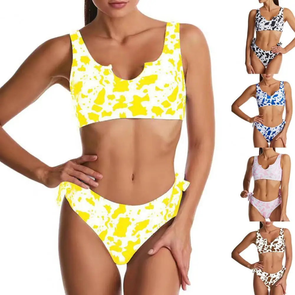 

2Pcs/Set Summer Women’s Cow Printed Bikini Suit Bow Two-piece Low Neck Wireless Low Neck Bathing Suit Swimwear Beachwear