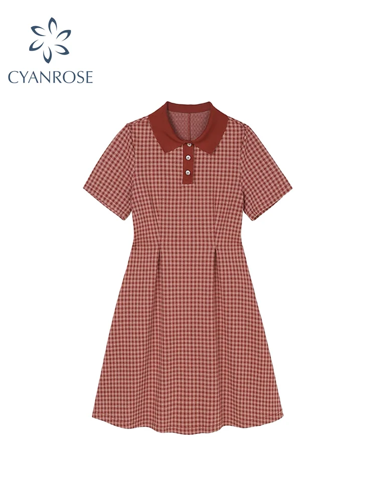 

2022 Summer Women's Dress Elegant Sweet Female Short Sleeve Polo-Neck Tunic Dresses Korean Vintage Plaid A-line Mid Long Frocks