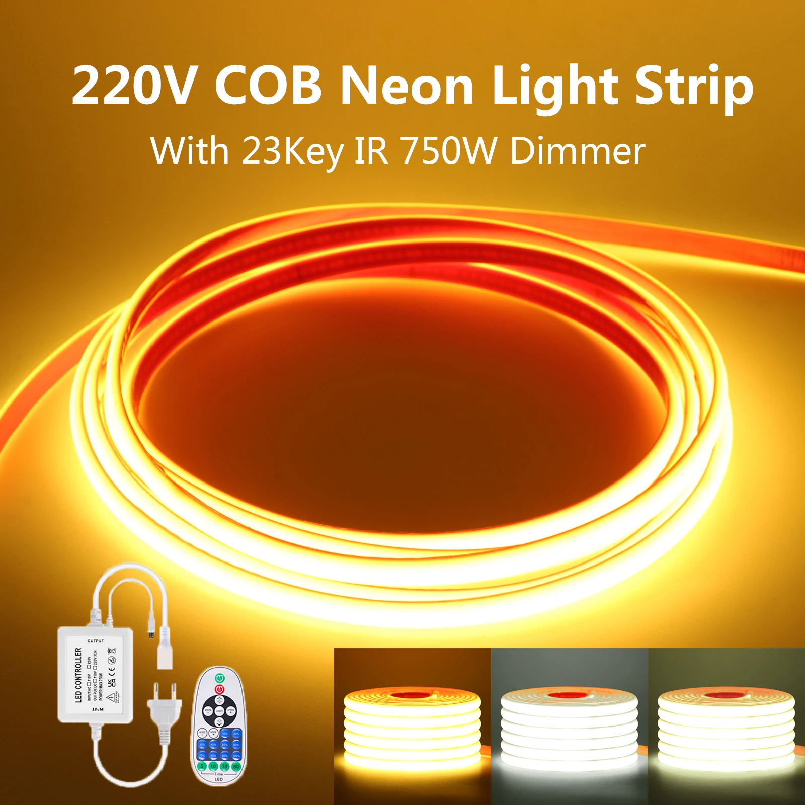Фото Светодиодная неоновая лента AC 220V с ИК-пультом на 23 кнопки, COB LED, с диммером, вилка EU/UK/AU, теплый/нейтральный белый свет, водонепроницаемая, гибкая лента, 288 светодиодов, 0.5м/10м/25м №1