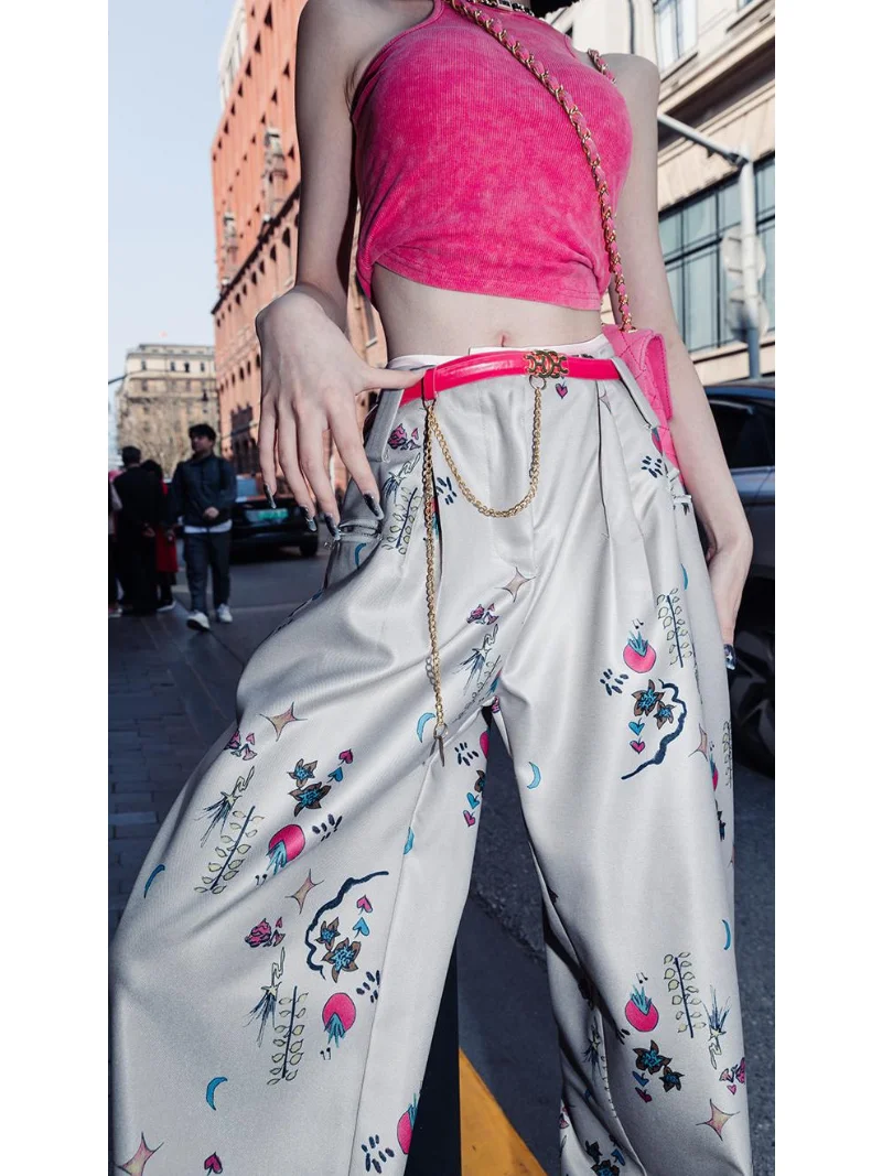 

Graffiti Wide Leg Pants Night Show Sexy Vest Two Piece Women Clothing Hip Wrap Dresses with Long Sleeves Suspenders Inner Cloth