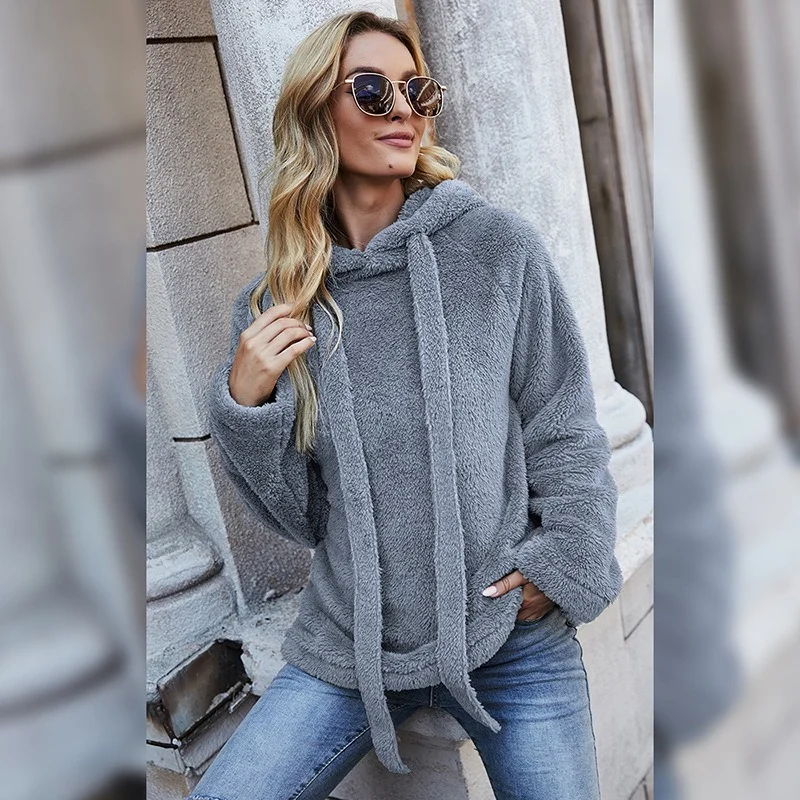 

Women Solid Colors Loose Casual Furry Sweatshirts New Daily Commute Leisure Thicken Hoodies Autumn Winter Plush Hooded Pullovers