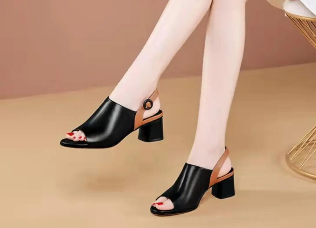 Women Shoes Genuine Leather High Heels Open Toe Back Strap Black Write Office Ladies Fashion Plus Size Summer Party Shoes