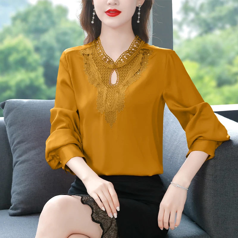 

Элегантная модная женская блузка, осень 2022, шелковая атласная рубашка с длинным рукавом, ретро кружевные топы с вышивкой и воротником-стойк...