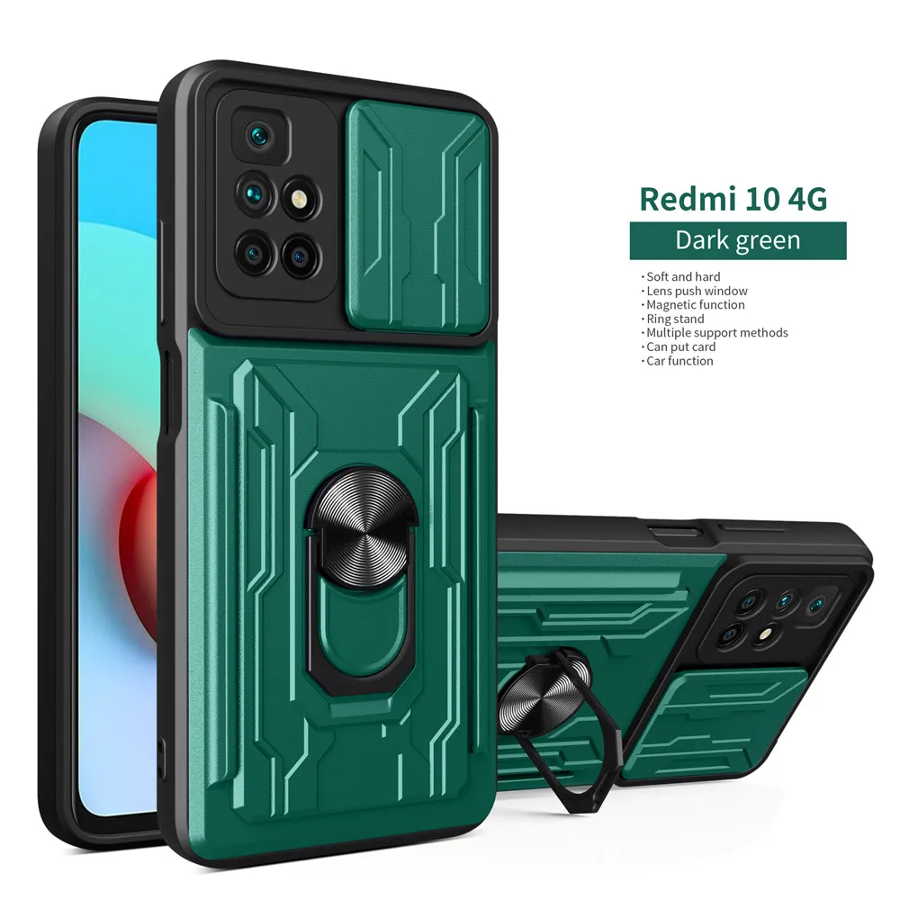 

for Redmi 10 Prime 9C 9A Card Slot Ring Stand Camera Protection Cover for Redmi Note 10 8 Pro 10T Coque Redmi 10 Shockproof Case