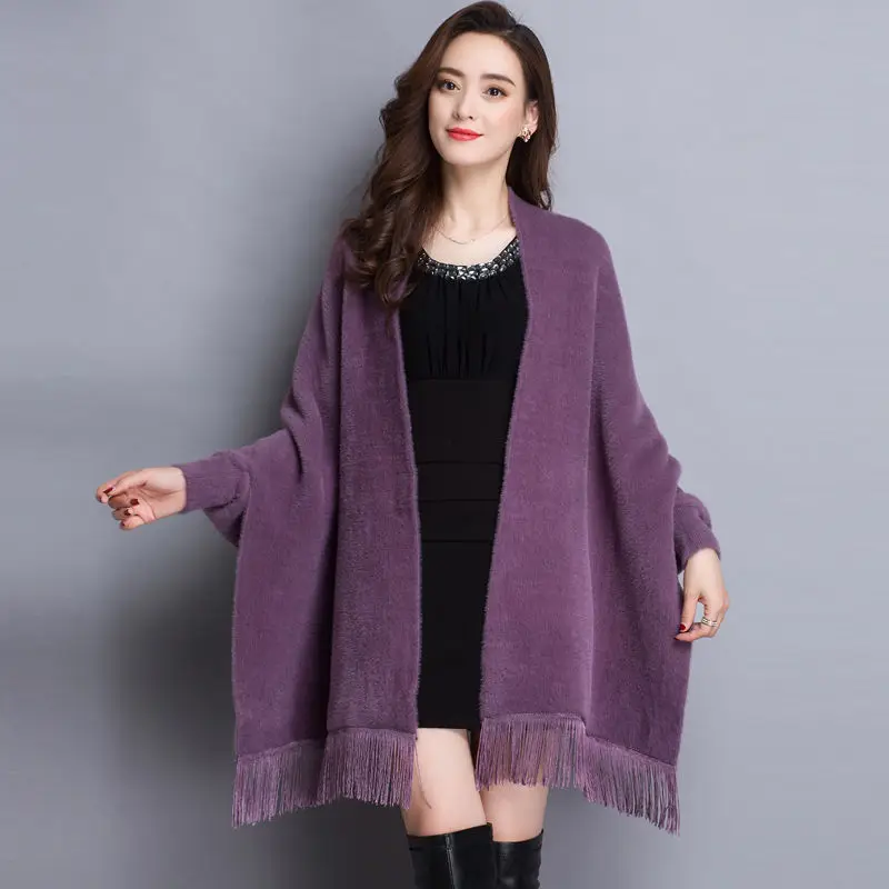 Mink velvet cape jacket women autumn and winter mid-length all-match cashmere tassel with sleeves poncho coat