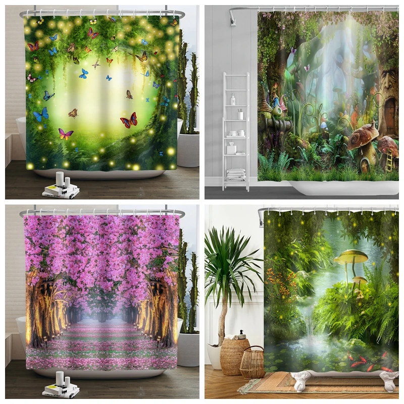 

Занавеска для душа в виде грибов, Волшебный Лес, дерево, Готическая панель, джунгли, зеленый дзен, река, Триппи, декоративная ткань для ванной...